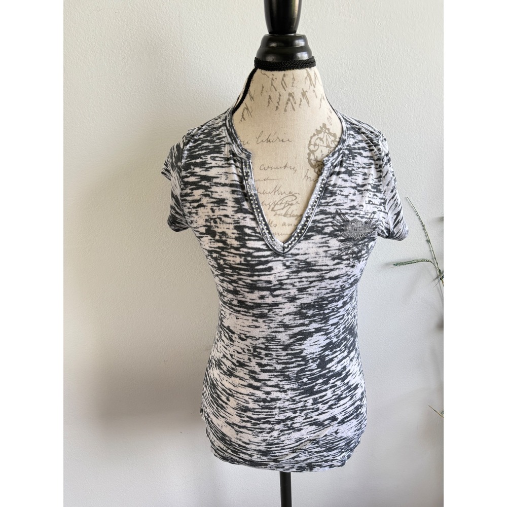 Harley Davidson Womens Black White Space Dye Burnout Graphic V-Neck Tee Sz S